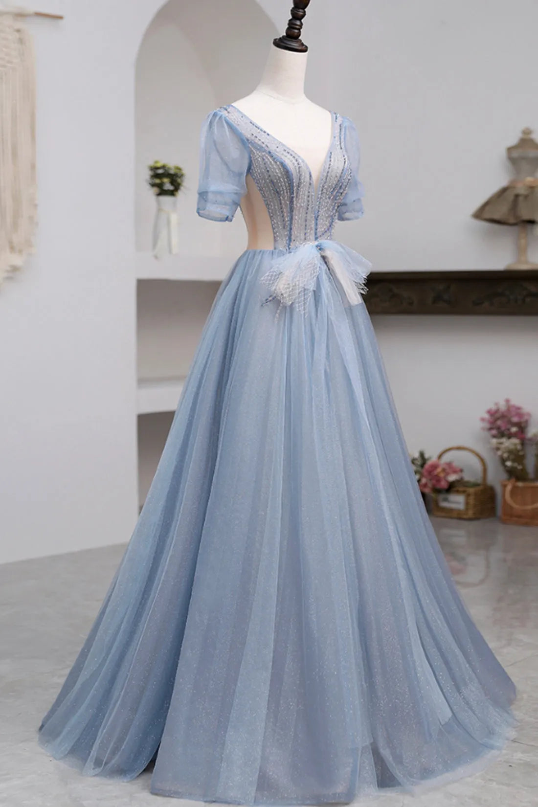 Blue Short Sleeve Tulle Floor Length Prom Dress with Beaded Blue A-Line Evening Dress