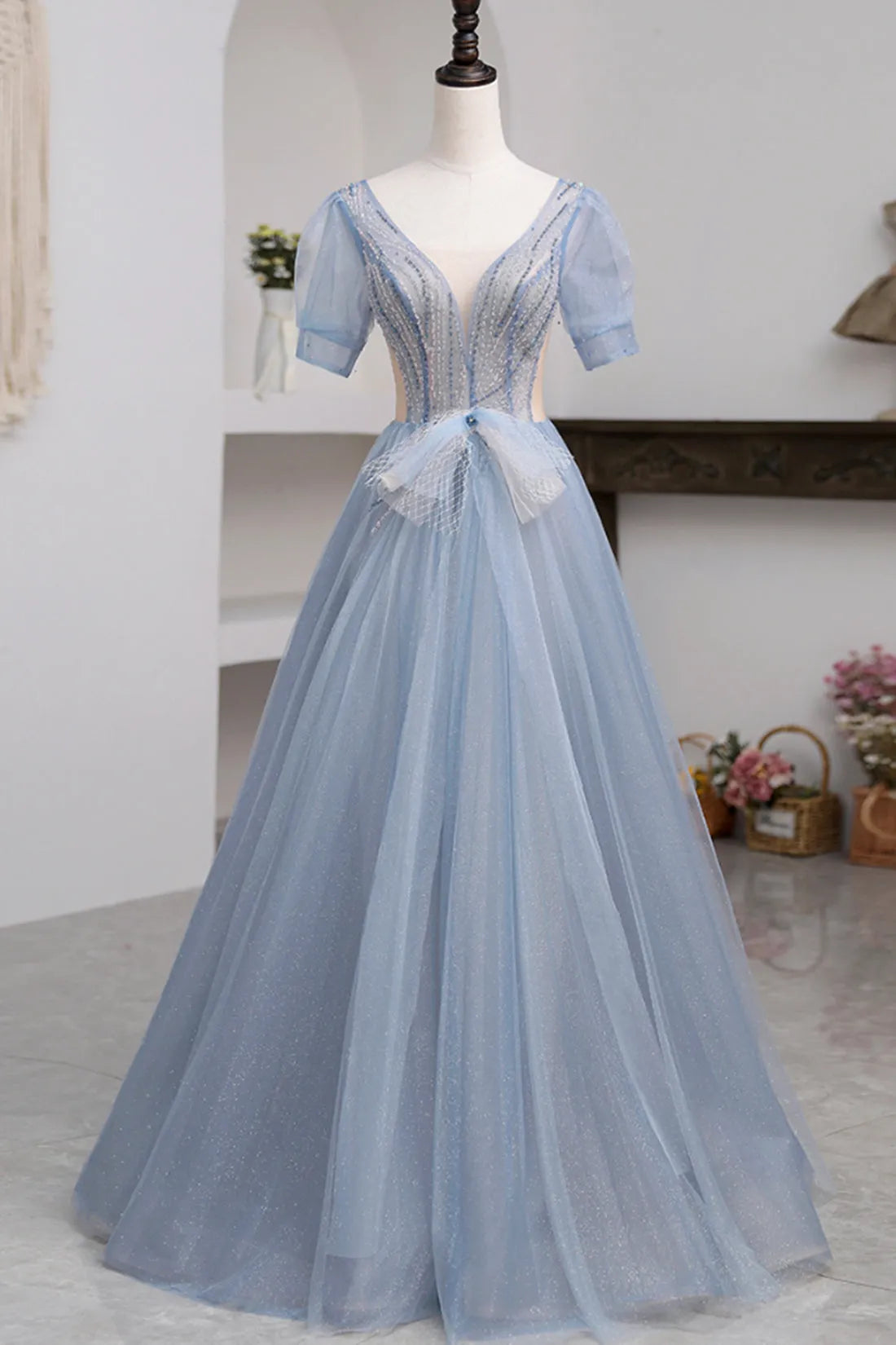 Blue Short Sleeve Tulle Floor Length Prom Dress with Beaded Blue A-Line Evening Dress