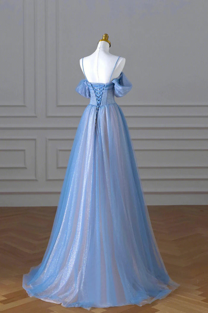 Blue Spaghetti Strap Tulle Long Prom Dress Beautiful A-Line Evening Dress ﻿