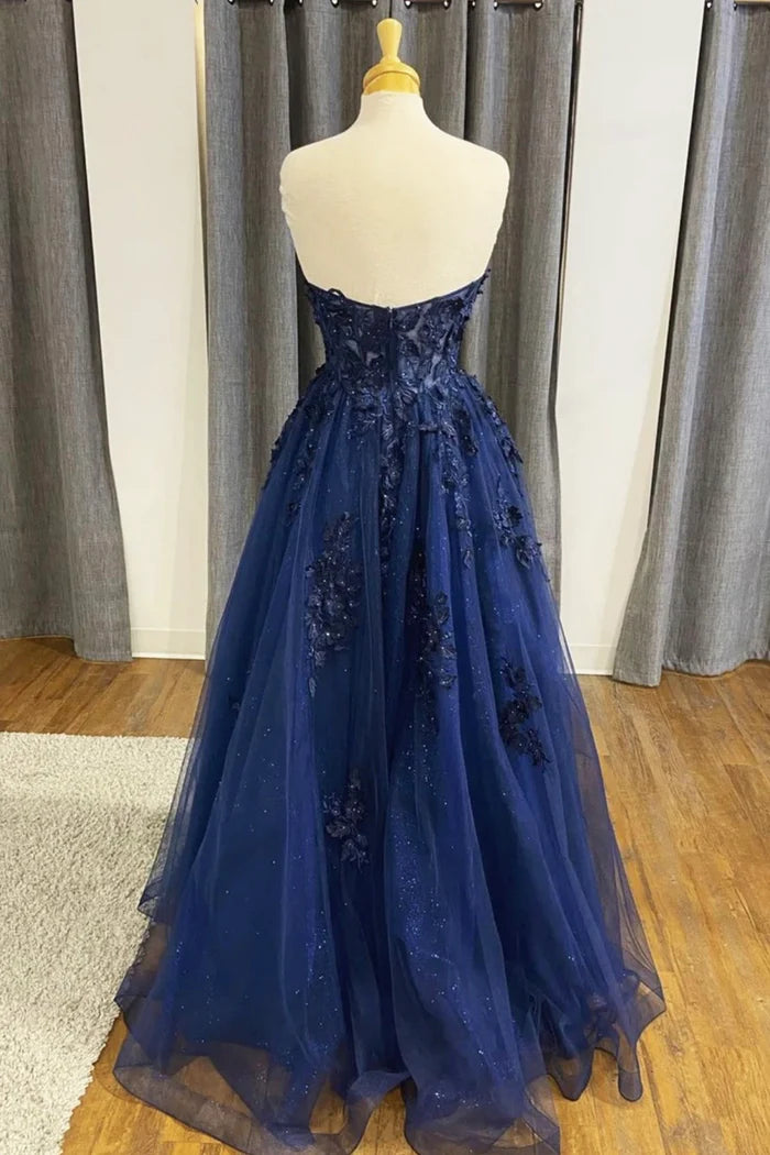 Blue Strapless Lace Long Prom Dress  A-Line Evening Dress Party Dress