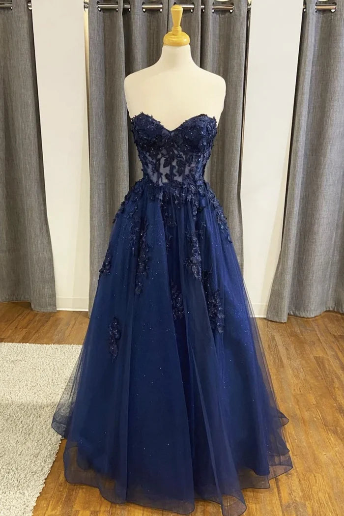 Blue Strapless Lace Long Prom Dress  A-Line Evening Dress Party Dress