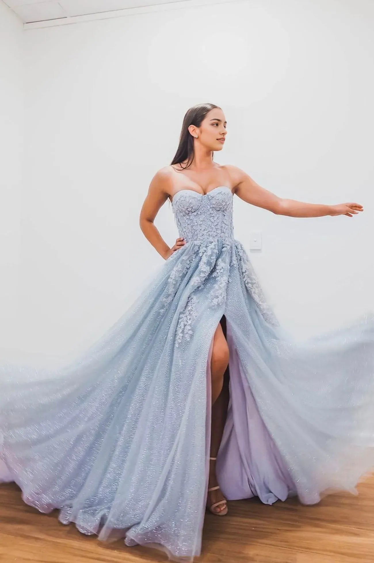 Blue Strapless Lace Long Prom Dress Lovely A-Line Evening Dress with Slit