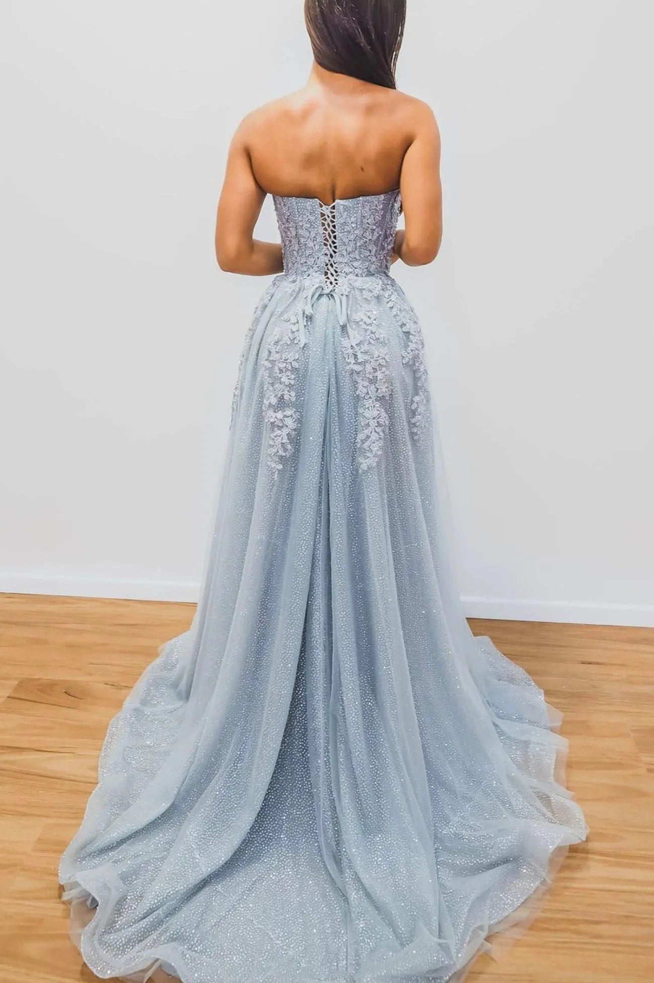 Blue Strapless Lace Long Prom Dress Lovely A-Line Evening Dress with Slit