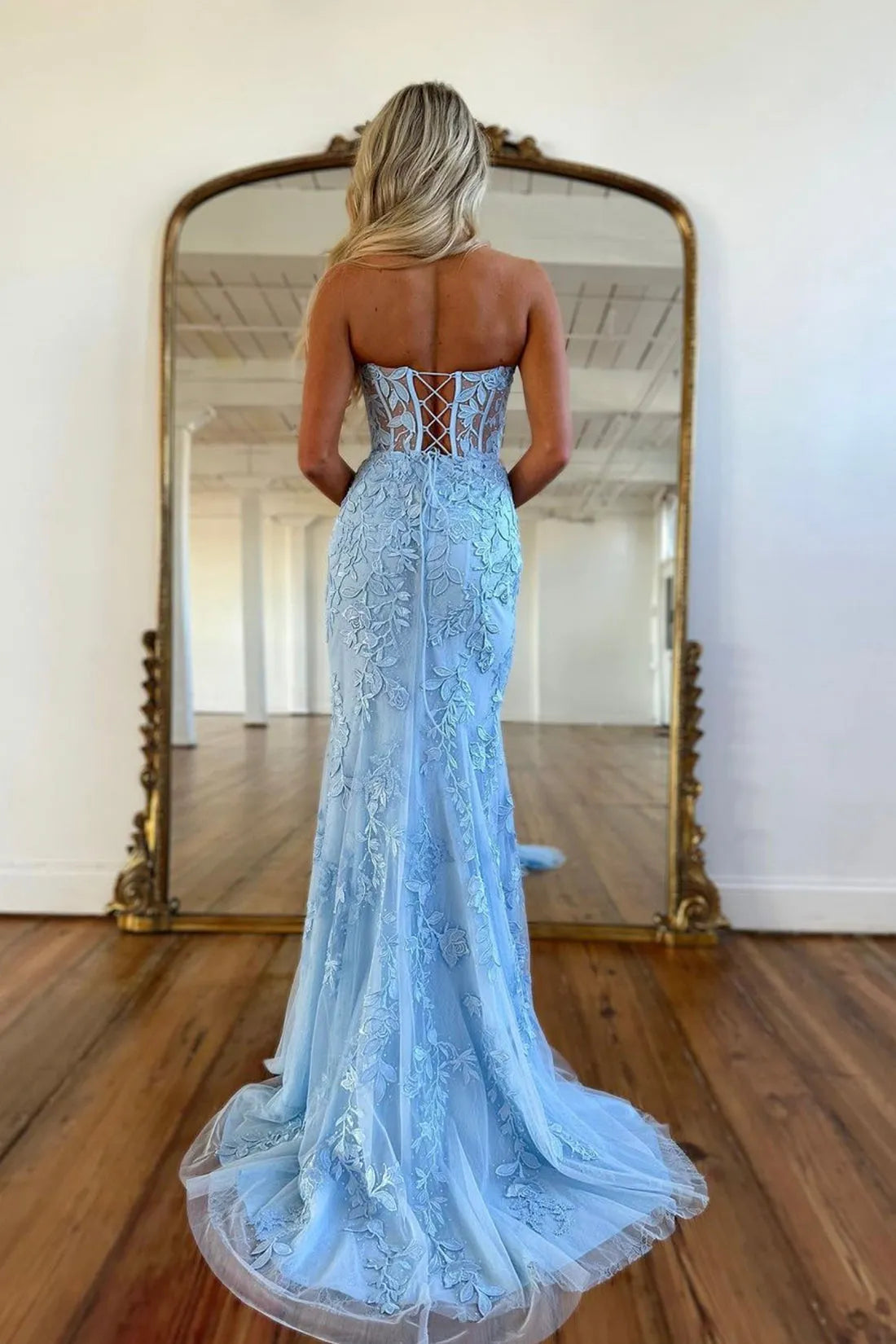 Blue Strapless Lace Long Prom Dress Mermaid Evening Dress Party Dress