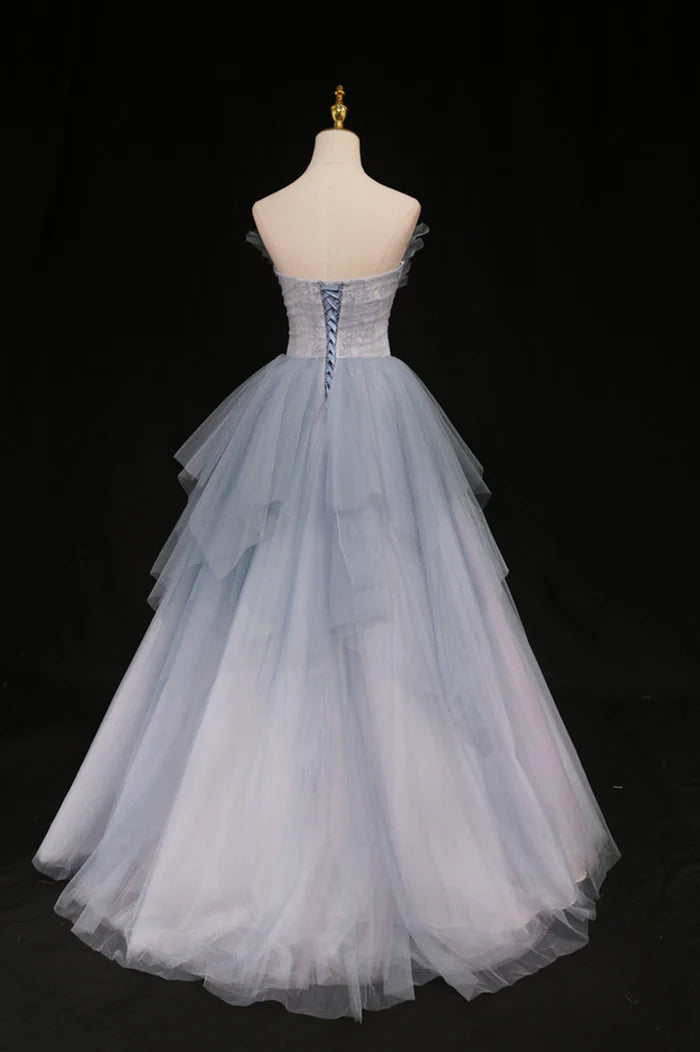 Blue Tulle A-Line Strapless Long Prom Dress Blue Evening Party Dress
