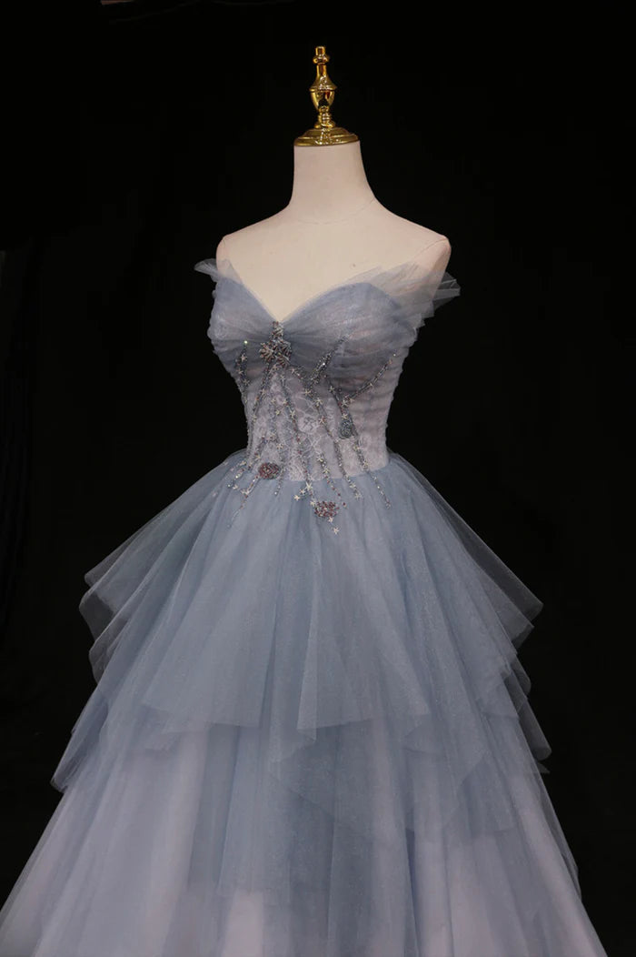 Blue Tulle A-Line Strapless Long Prom Dress Blue Evening Party Dress