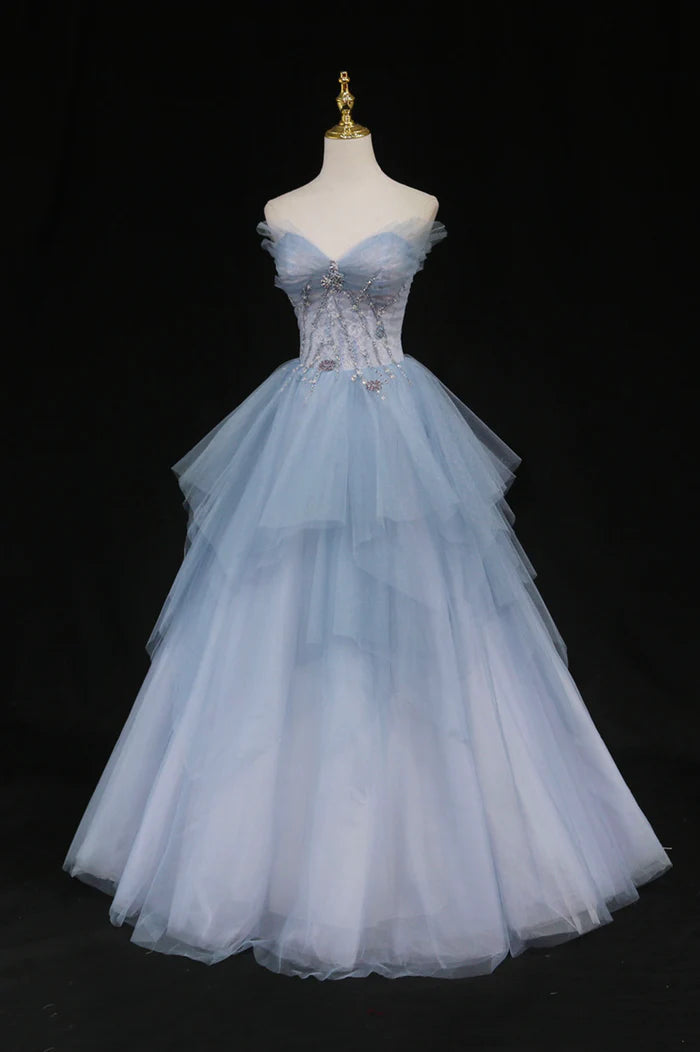 Blue Tulle A-Line Strapless Long Prom Dress Blue Evening Party Dress