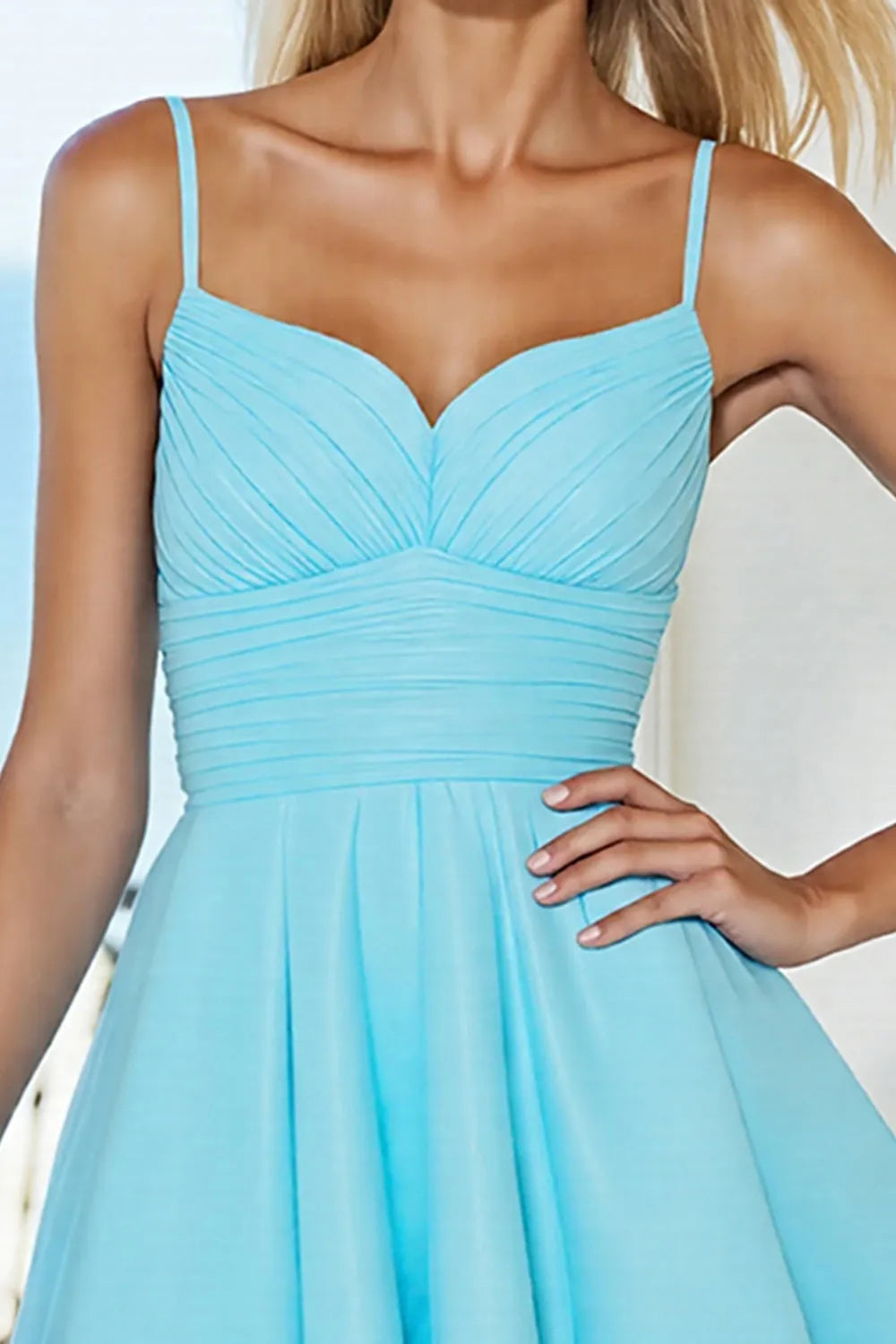 Blue Tulle A Line Short Spaghetti Straps Homecoming Dress with Bow