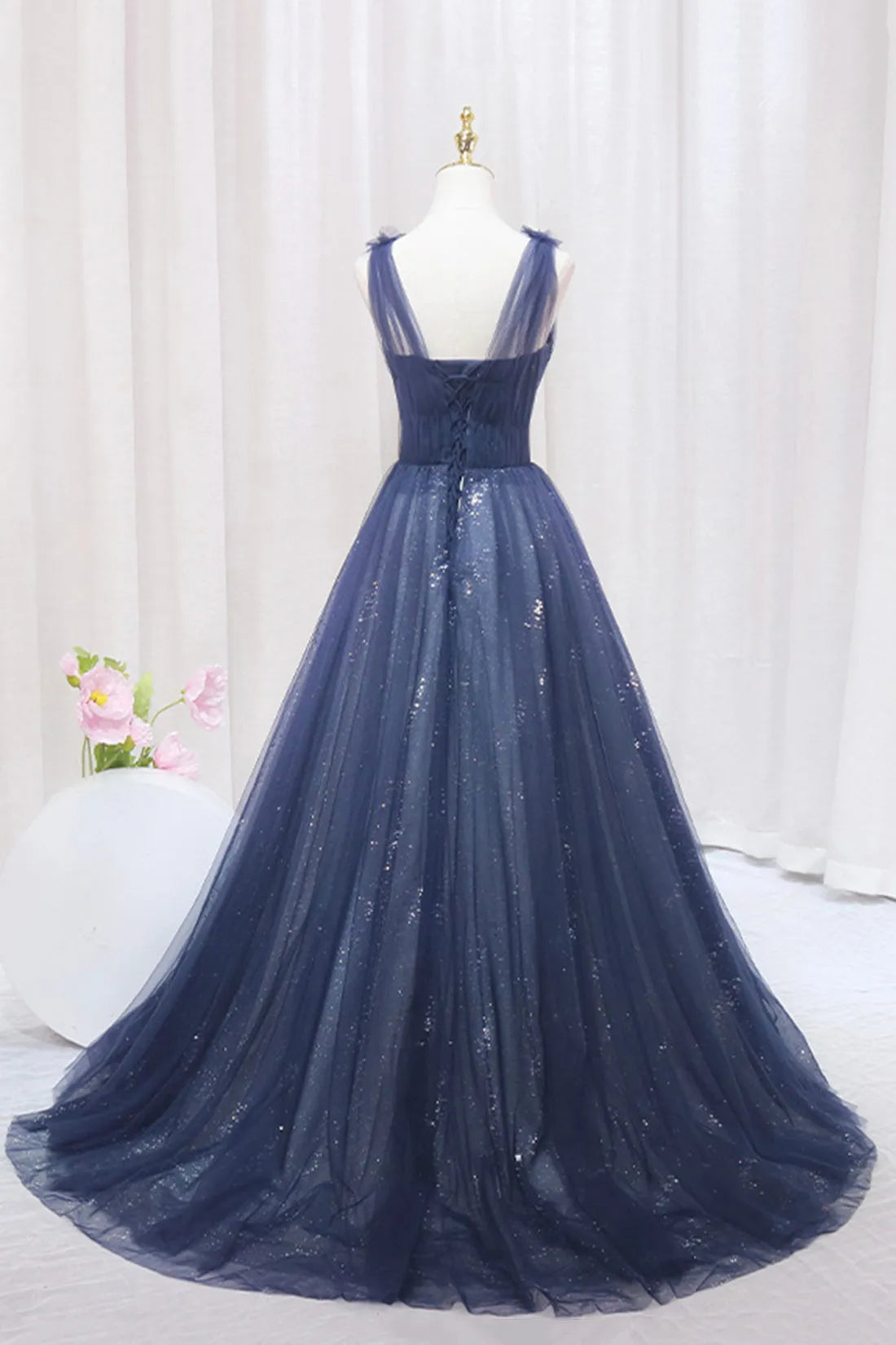 Blue Tulle Beaded Long Prom Dress Blue A-Line Evening Party Dress