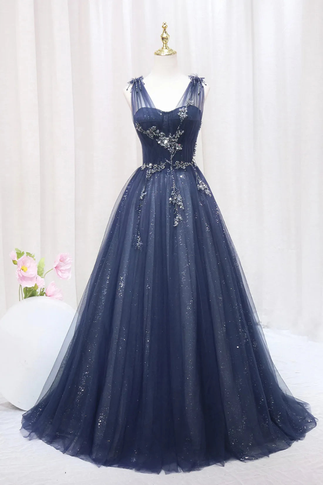 Blue Tulle Beaded Long Prom Dress Blue A-Line Evening Party Dress