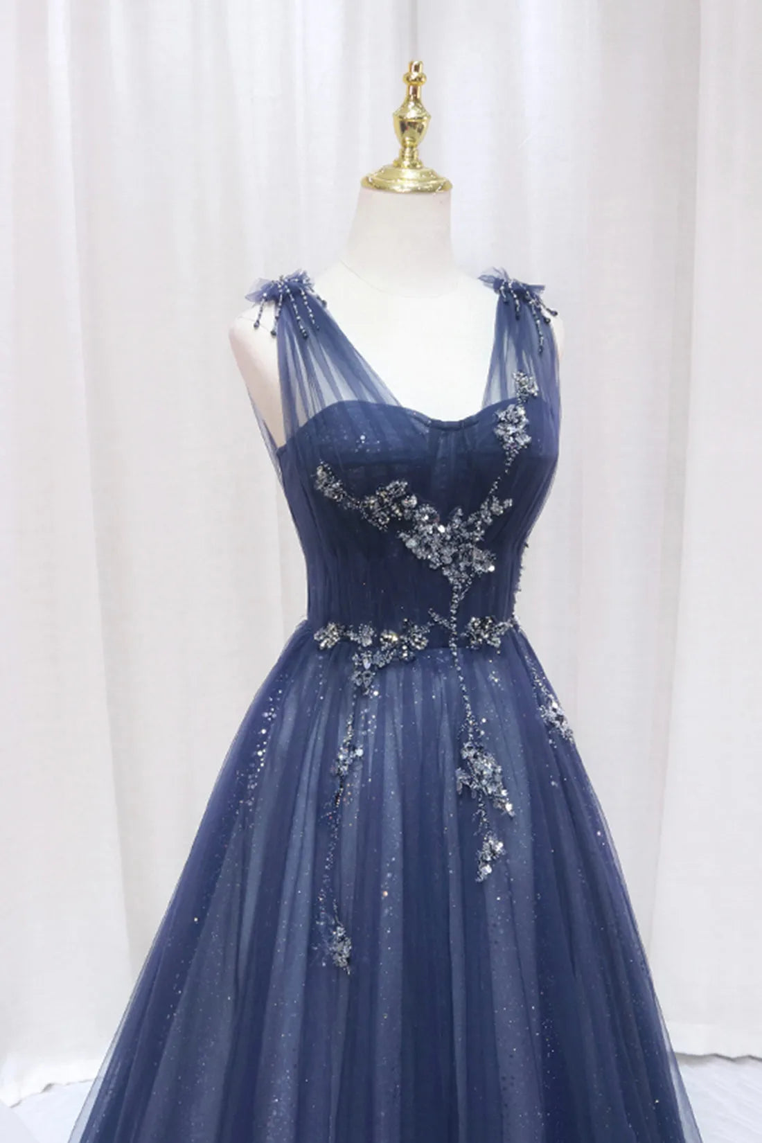 Blue Tulle Beaded Long Prom Dress Blue A-Line Evening Party Dress