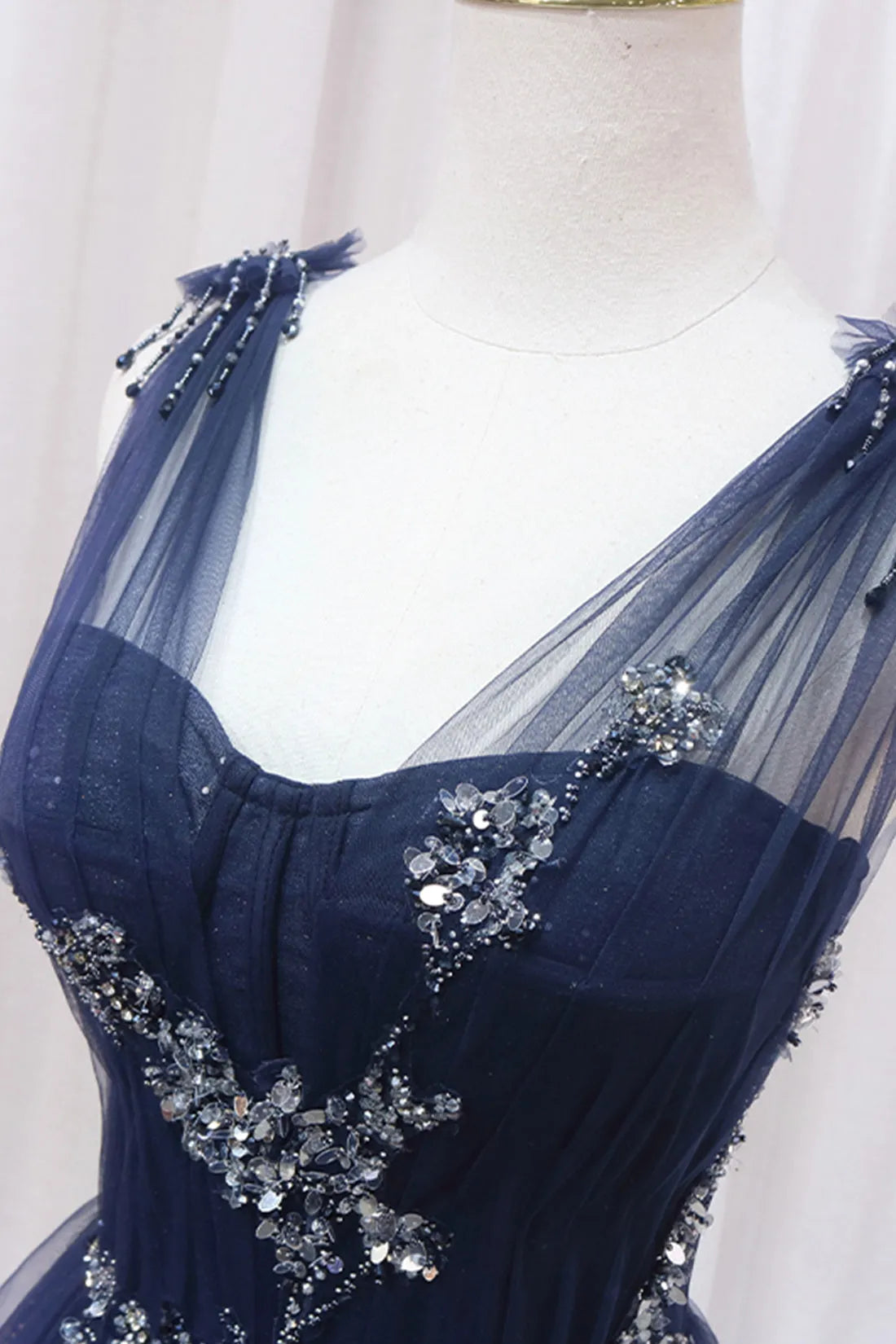 Blue Tulle Beaded Long Prom Dress Blue A-Line Evening Party Dress