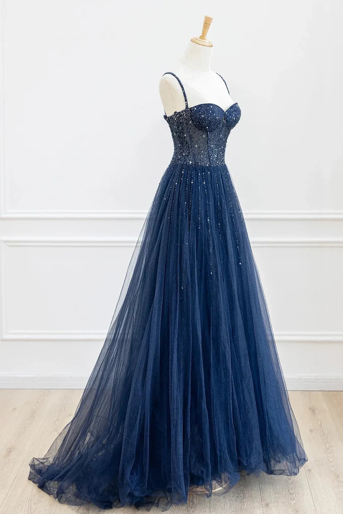 Blue Tulle Beaded Long Prom Dress Formal Dress Blue Evening Dress