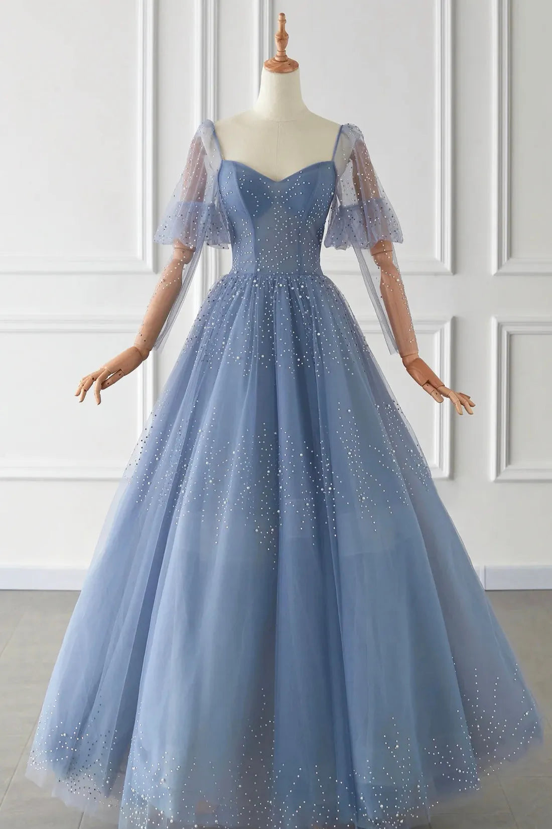 Blue Tulle Beaded Long Sleeve Prom Dress A-Line Blue Evening Party Dress
