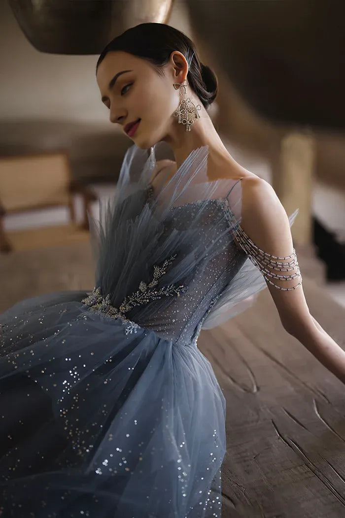 Blue Tulle Layers Straps Beaded Long Formal Dress Beautiful A-Line Prom Dress