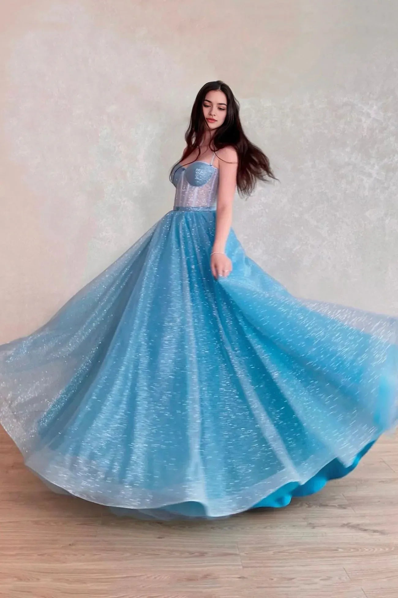 Blue Tulle Long A-Line Prom Dress Blue Lace-Up Evening Dress with Corset