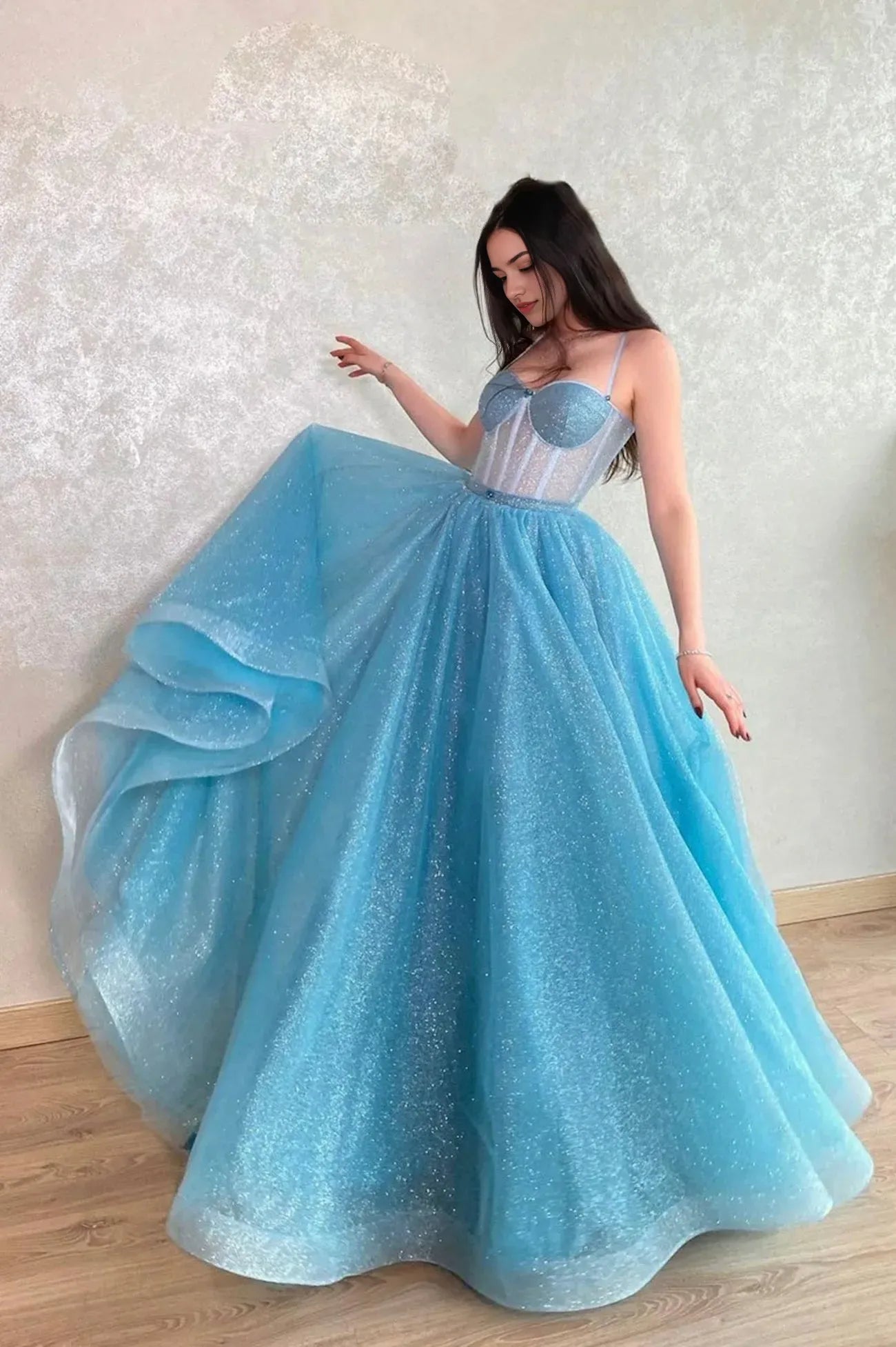 Blue Tulle Long A-Line Prom Dress Blue Lace-Up Evening Dress with Corset