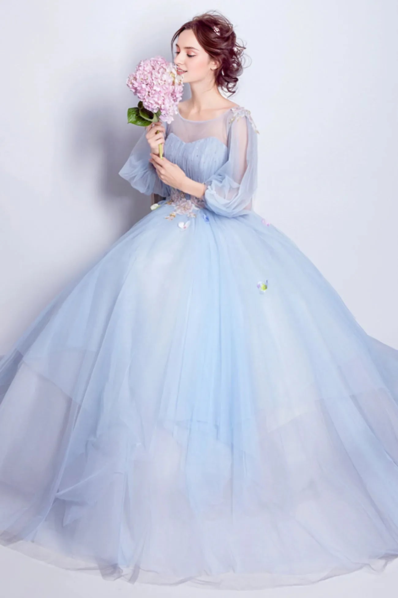 Blue Tulle Long A-Line Prom Dress Long Sleeve Lace Formal Gown