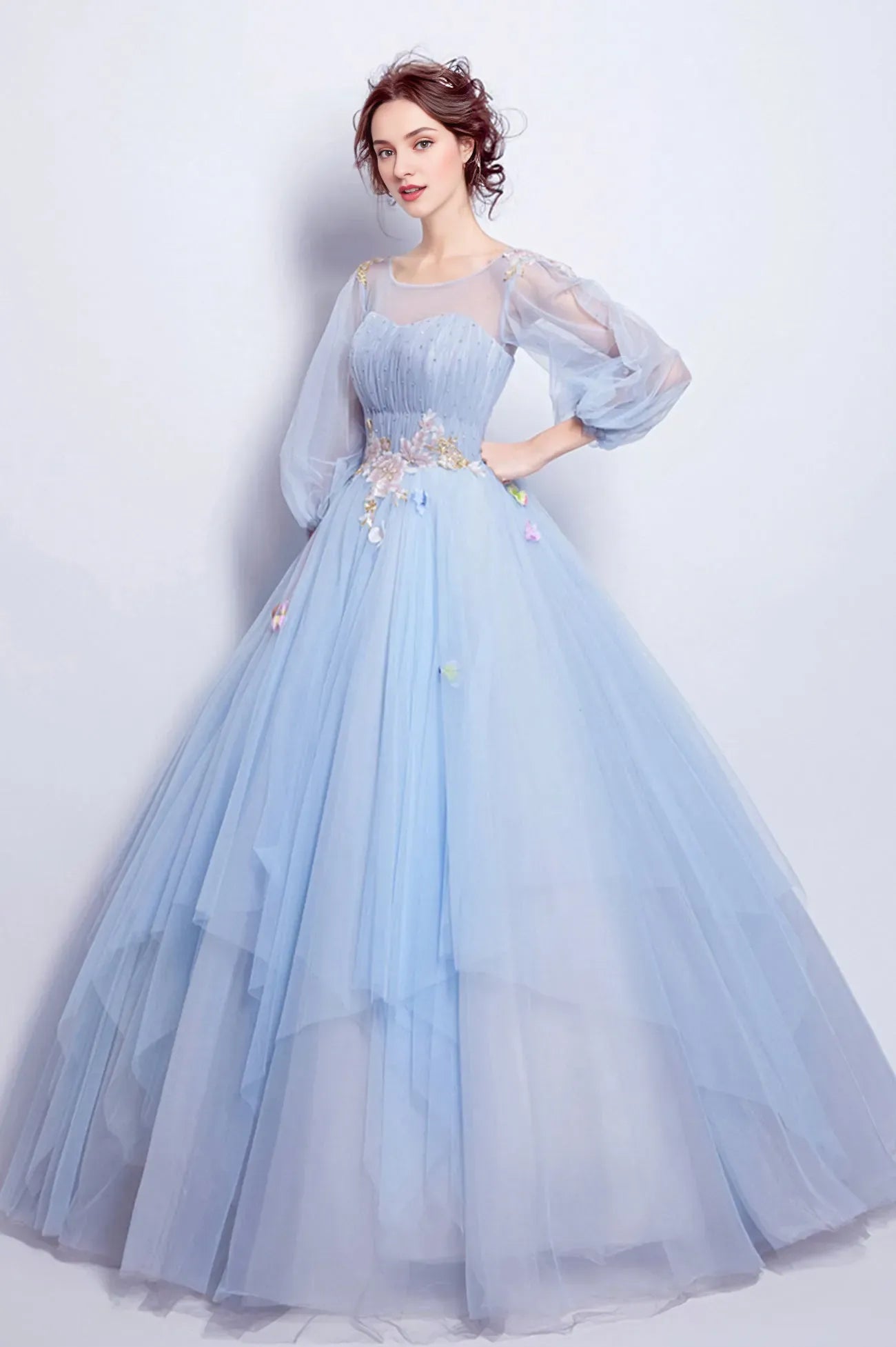 Blue Tulle Long A-Line Prom Dress Long Sleeve Lace Formal Gown