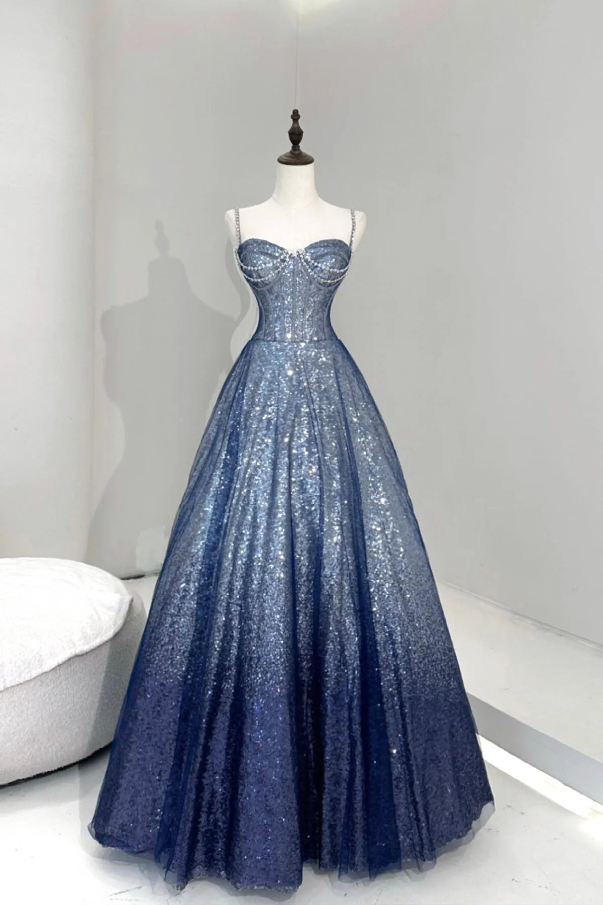Blue Tulle Sequins Long Prom Dress Blue Spaghetti Strap Evening Party Dress