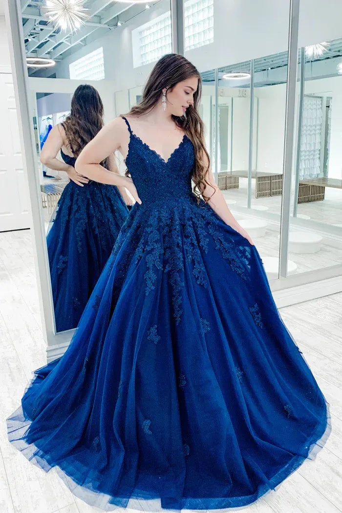 Blue V-Neck Lace Long Prom Dress A-Line Spaghetti Formal Dress