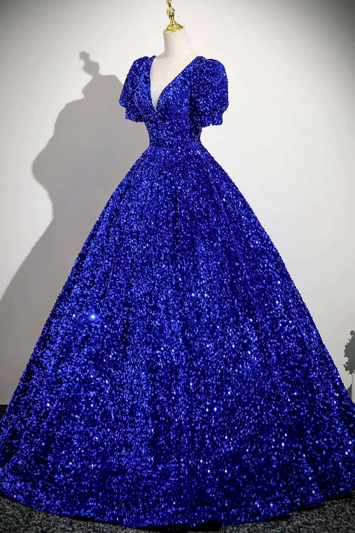 Blue V-Neck Sequins Long Prom Dress Blue A-Line Short Sleeve Party Dress