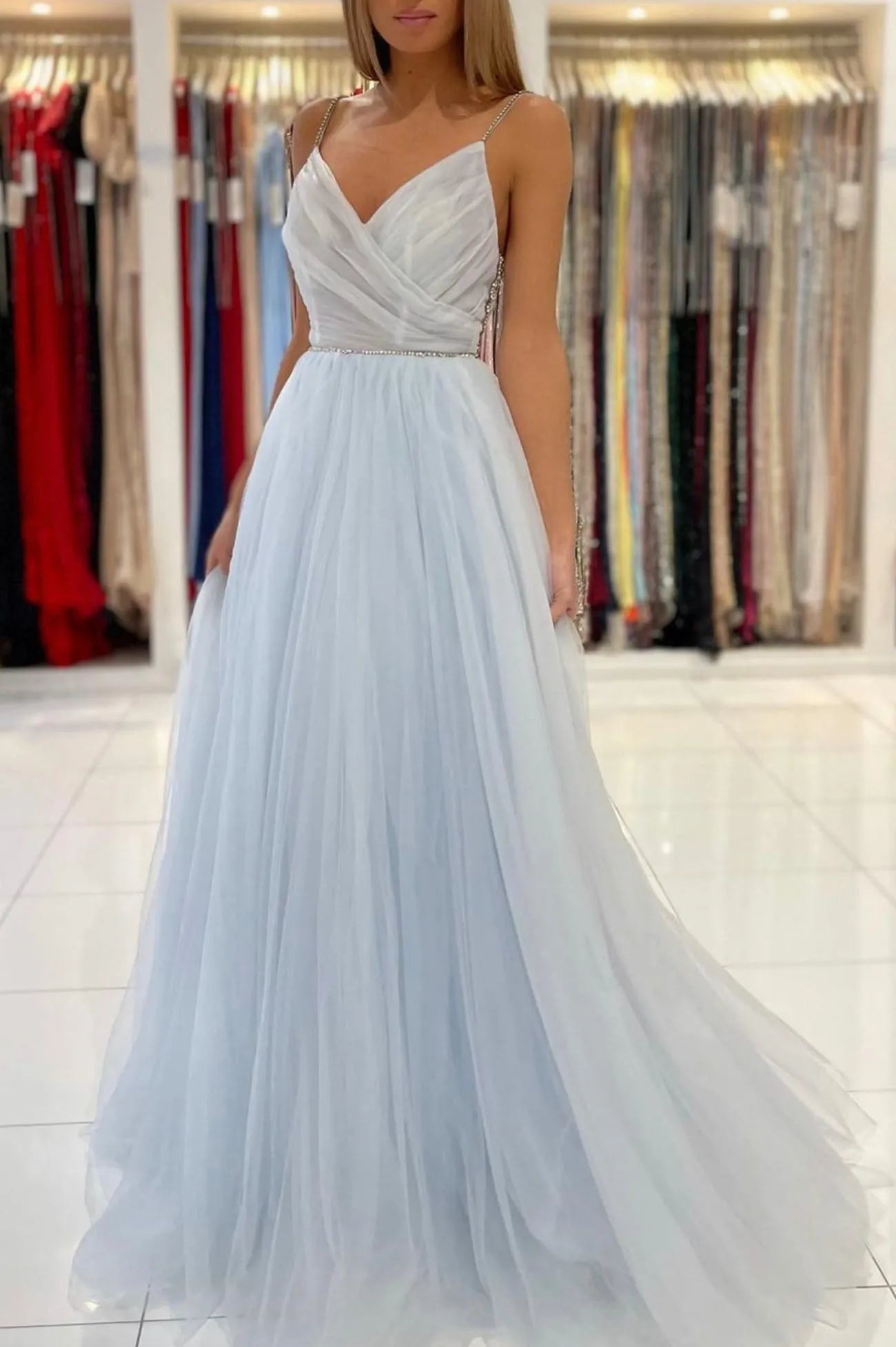 Blue V-Neck Tulle Long Prom Dress A-Line Spaghetti Straps Evening Party Dress