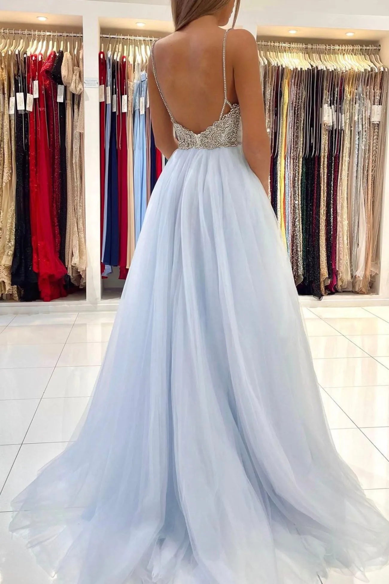 Blue V-Neck Tulle Long Prom Dress A-Line Spaghetti Straps Evening Party Dress