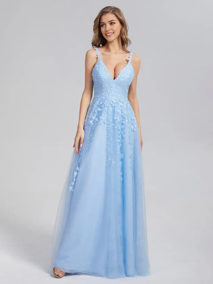 Blue V-neck Backless Appliques Prom Dresses