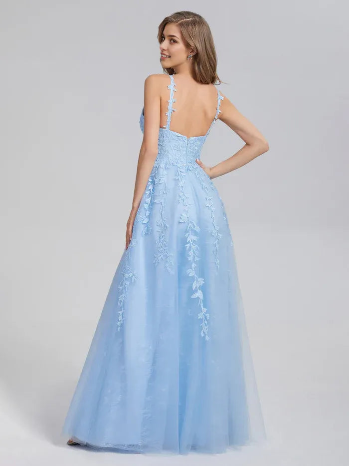 Blue V-neck Backless Appliques Prom Dresses