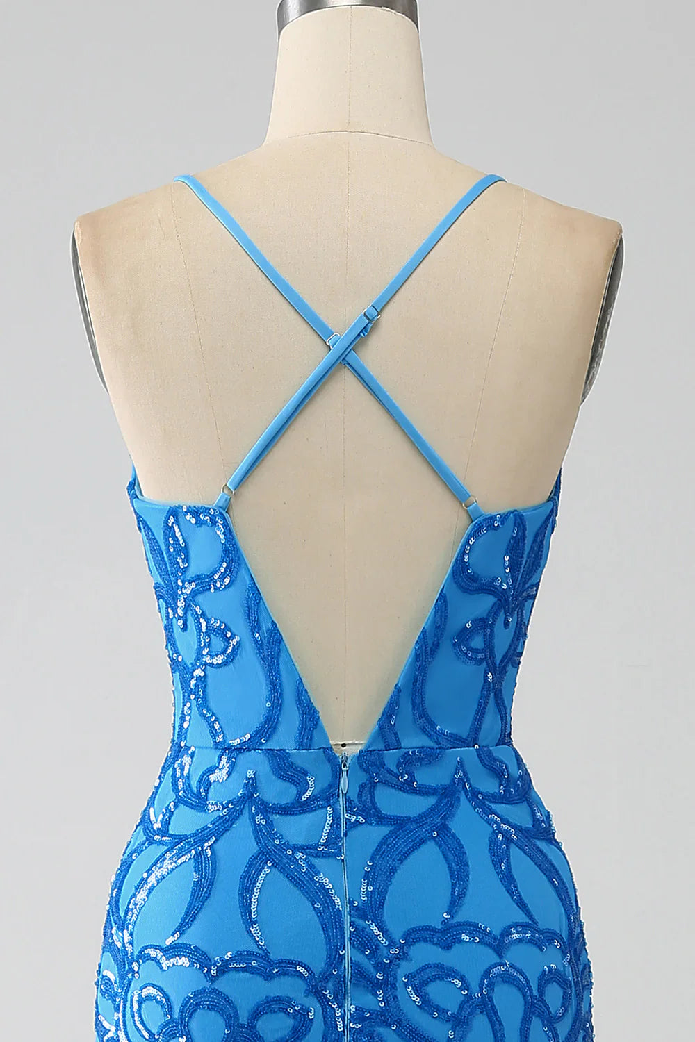DingJiDress Blue Mermaid Spaghetti Straps Sequins Long Prom Dress