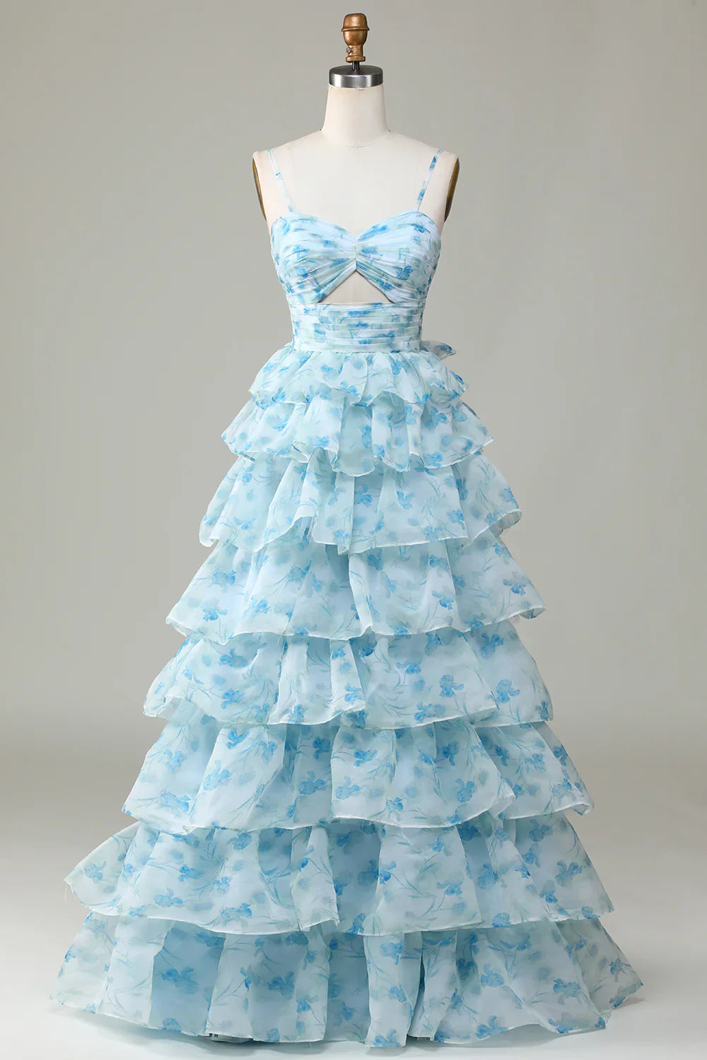 DingJiDress Spaghetti Straps Cut Out Tiered Blue Bridesmaid Dress