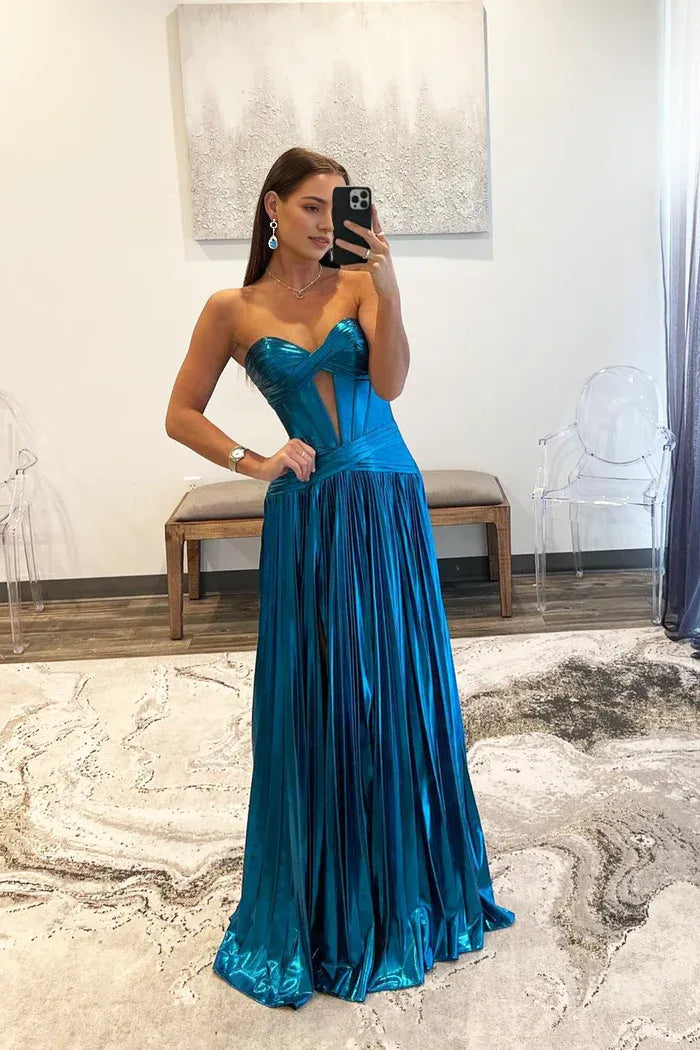 Blue Satin Long Floor Length Prom Dress A-Line Blue Strapless Evening Dress Formal Dress