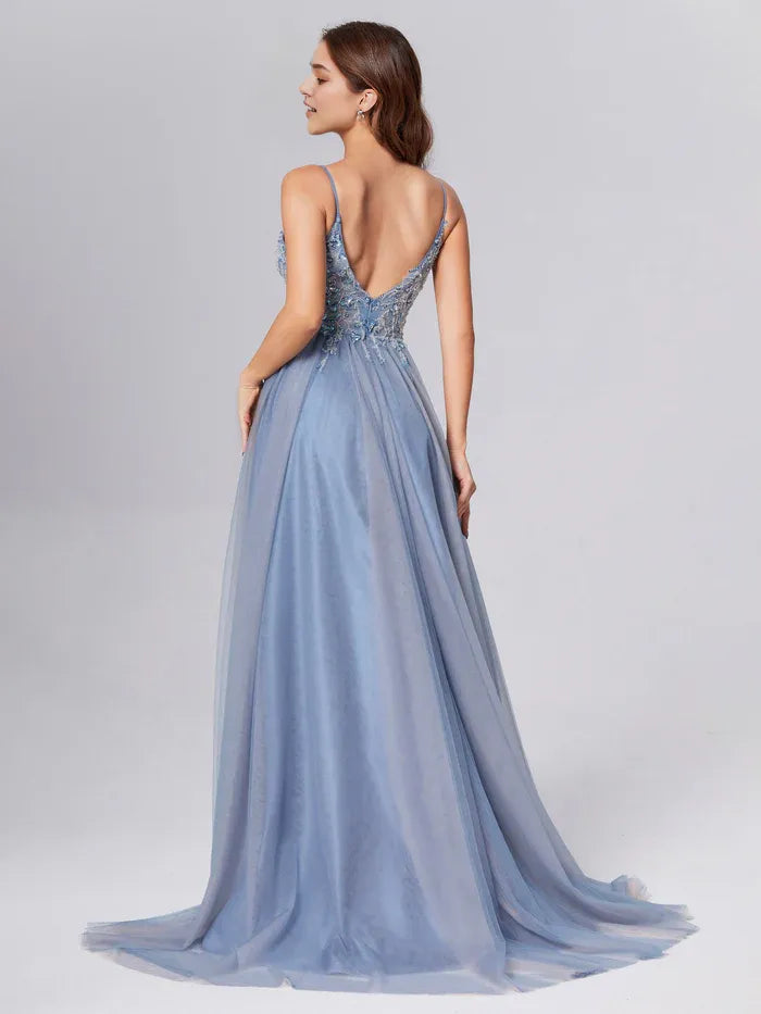 Blue backless long slit bead  Prom Dresses