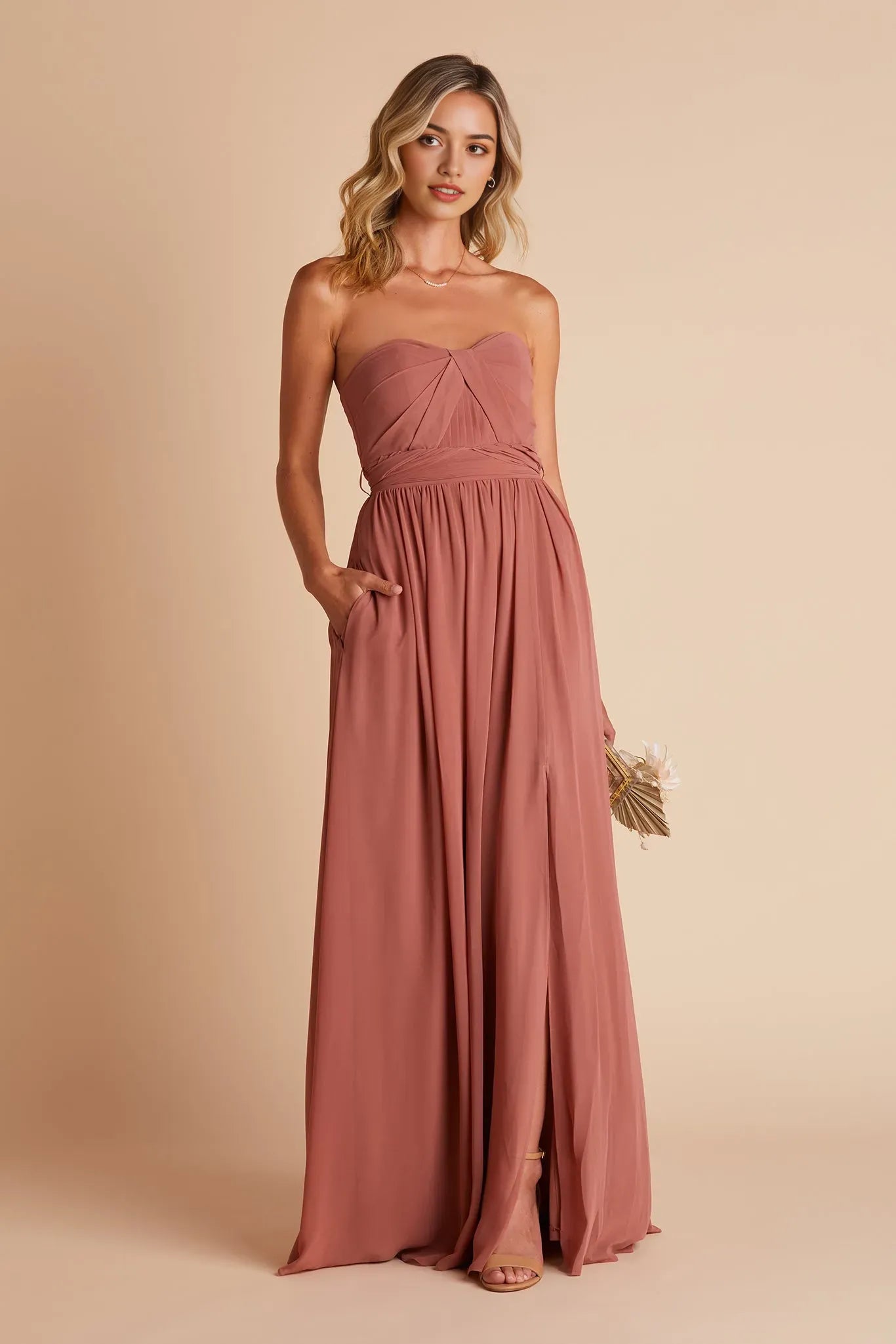Blush Chiffon Strapless Prom Dress Ruched Bodice  Side Slit for Whimsical Forest Themed Formal Gatherings