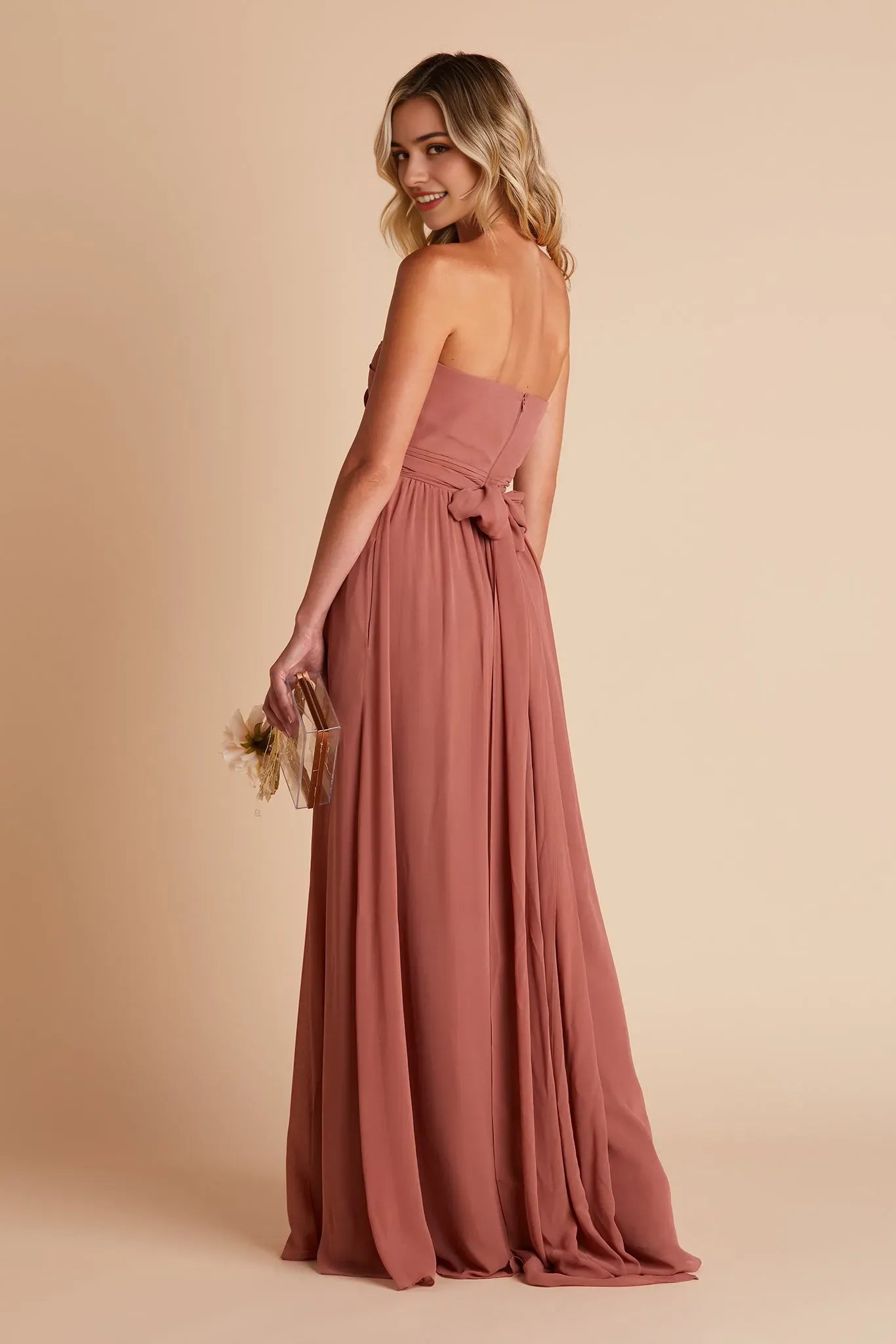Blush Chiffon Strapless Prom Dress Ruched Bodice  Side Slit for Whimsical Forest Themed Formal Gatherings