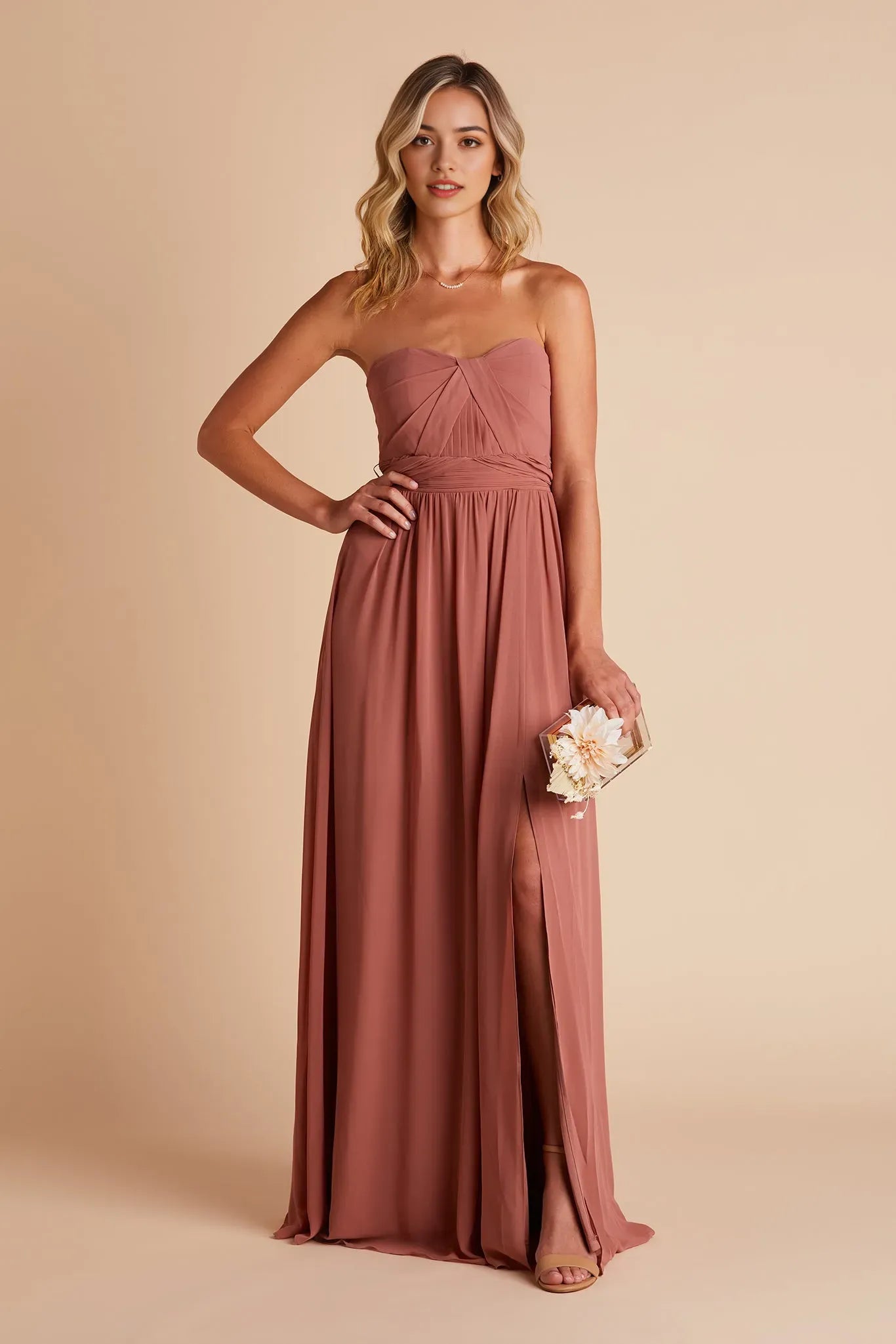 Blush Chiffon Strapless Prom Dress Ruched Bodice  Side Slit for Whimsical Forest Themed Formal Gatherings