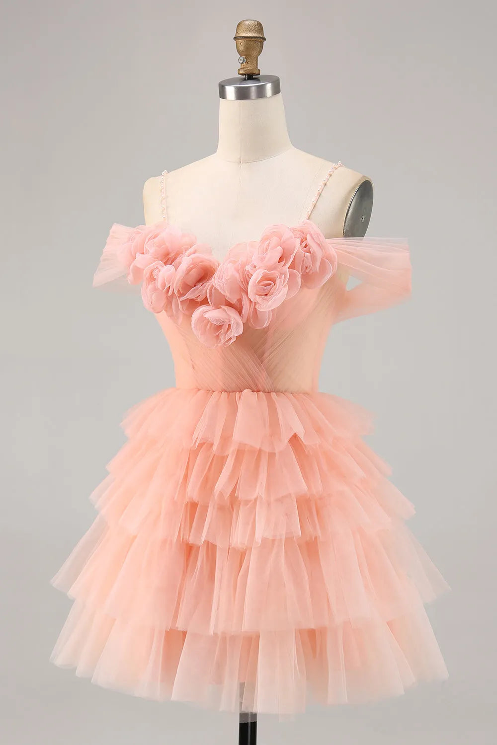 Blush Cold Shoulder Tulle A Line Short Homecoming Dress with Ruffles