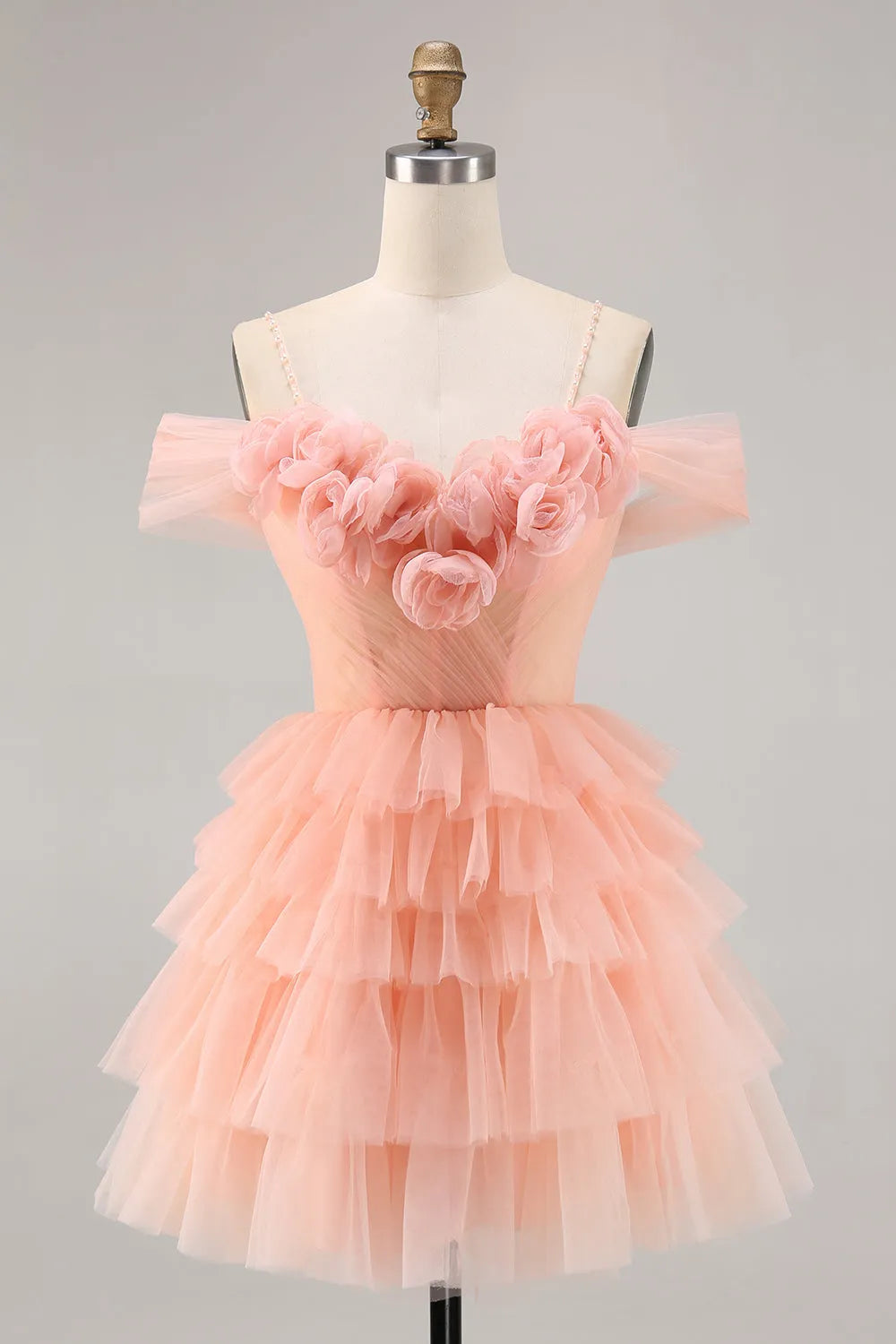 Blush Cold Shoulder Tulle A Line Short Homecoming Dress with Ruffles