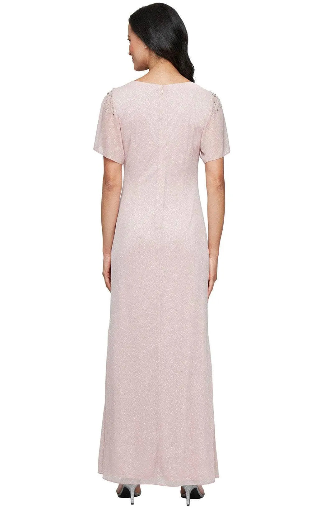 Blush Glittery Evening Dress with Beaded Shoulder Detail Flutter Sleeves and Side Ruche Slit for Elegant Occasions