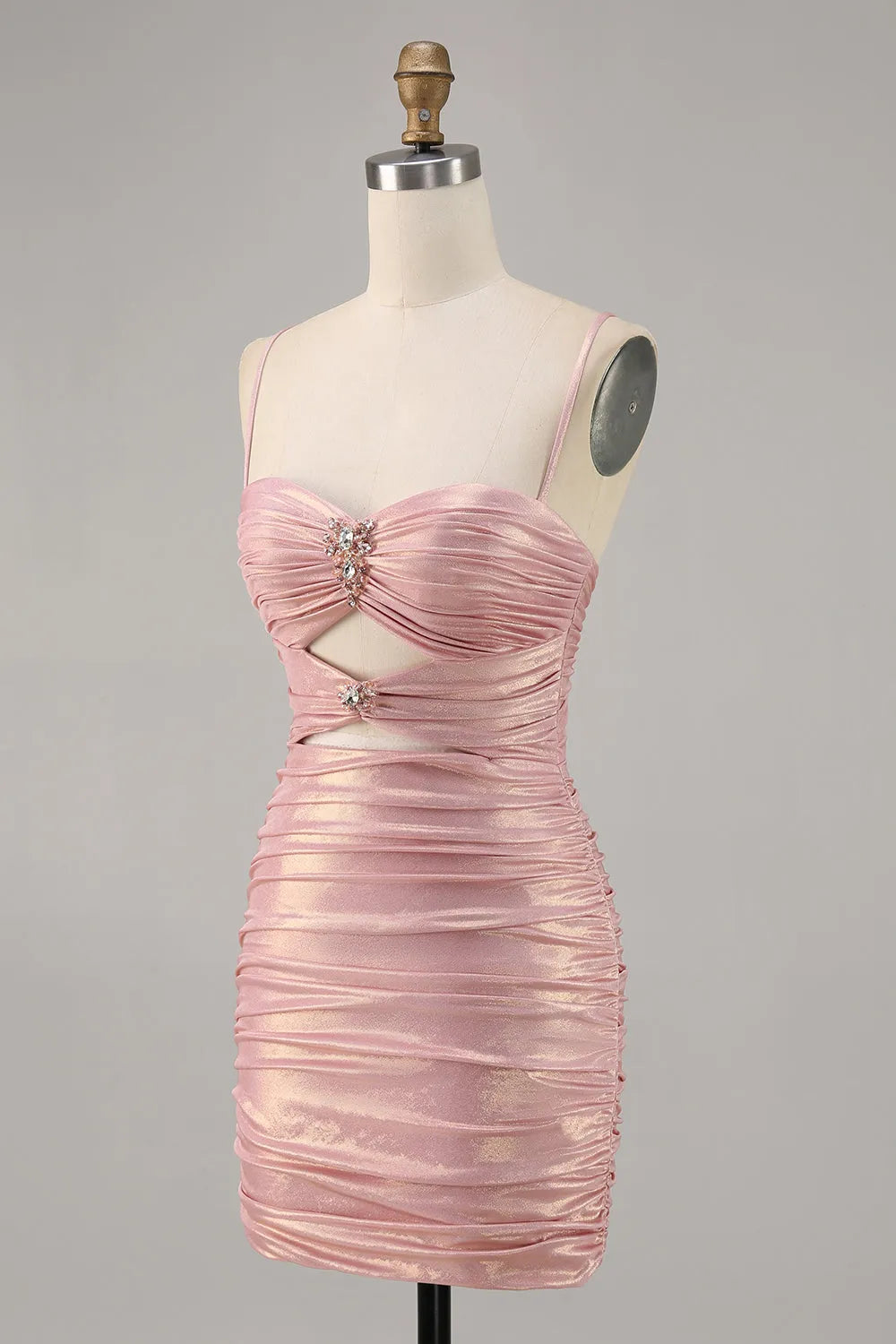 Blush Metallic Spaghetti Straps Cut Out Tight Short Homecoming Dress