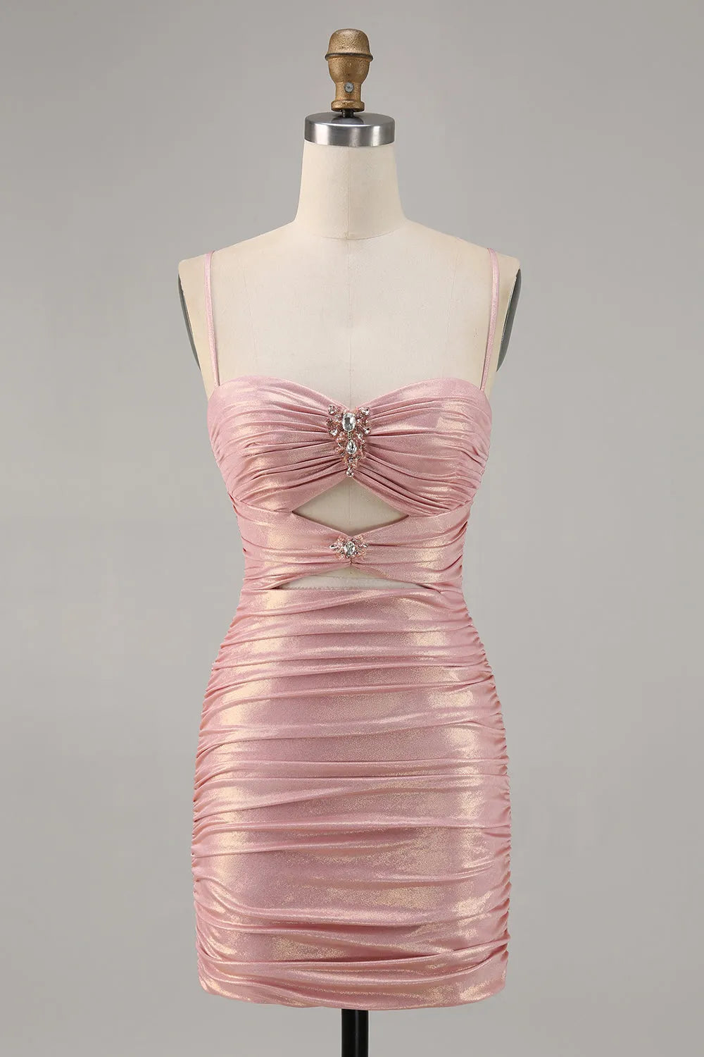 Blush Metallic Spaghetti Straps Cut Out Tight Short Homecoming Dress