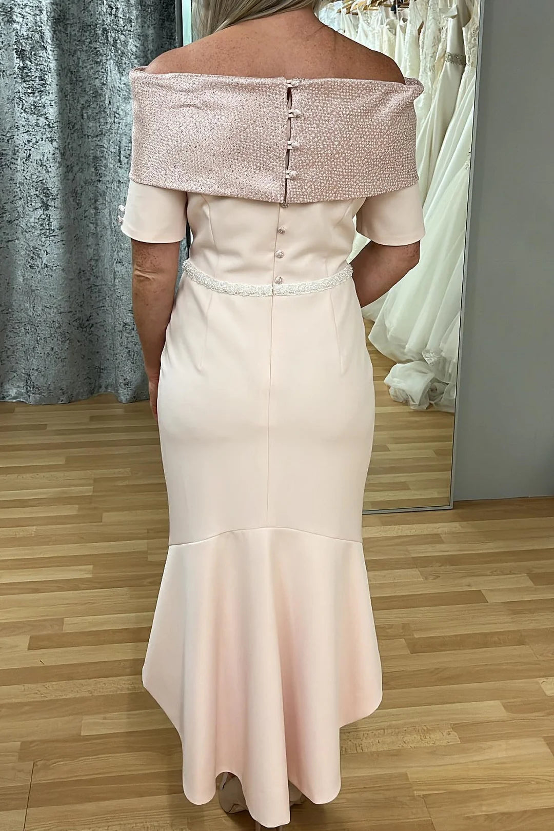 Blush Pink Beaded Portrait Sleeves Tea-Length Mother of the Bride Dresses