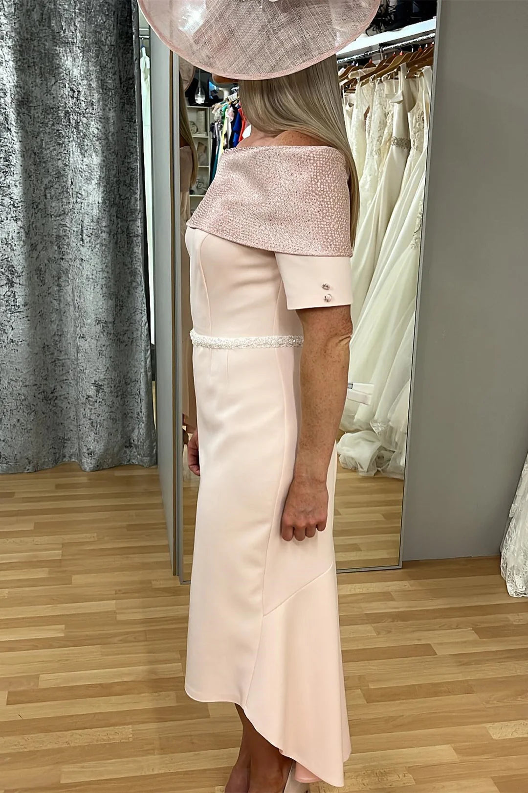 Blush Pink Beaded Portrait Sleeves Tea-Length Mother of the Bride Dresses