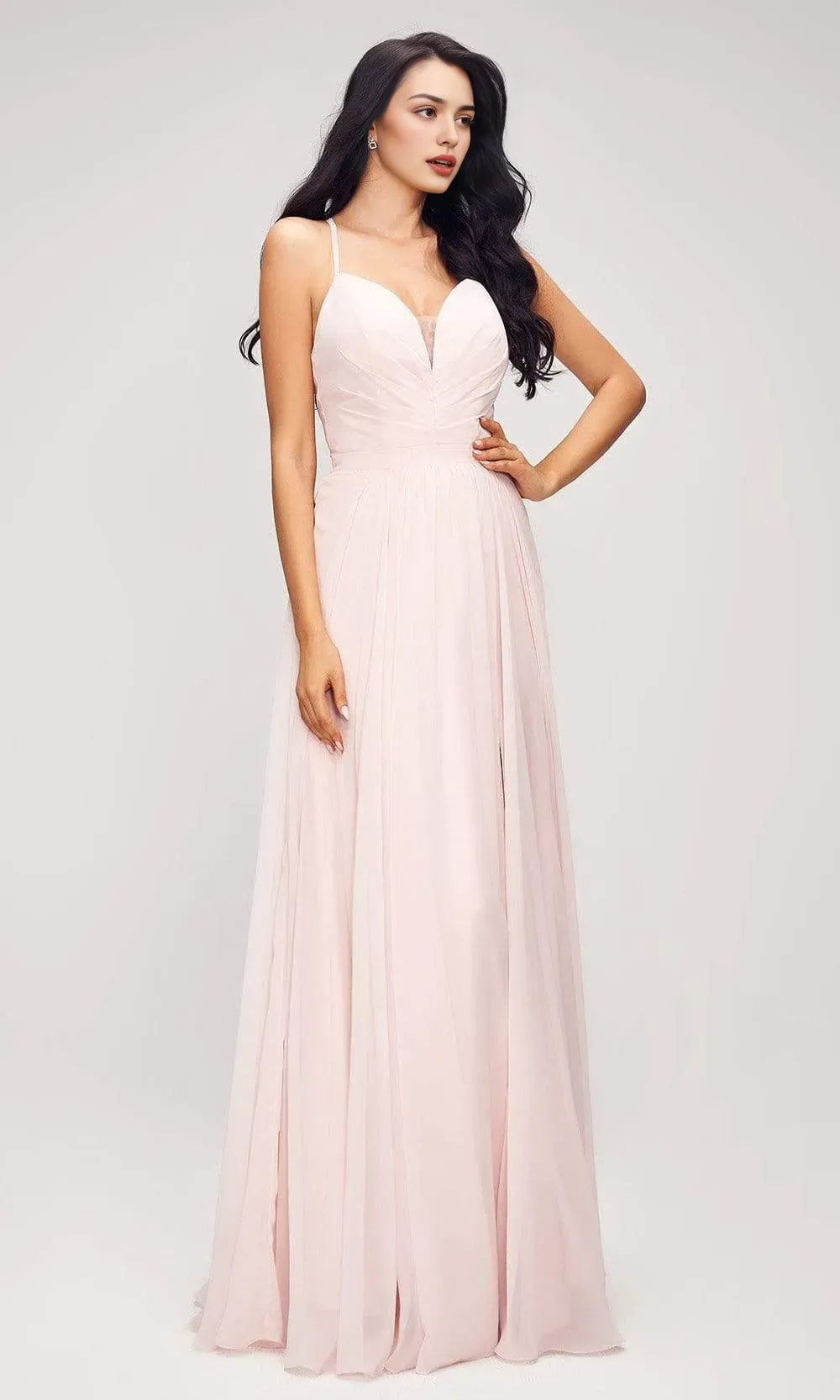 Blush Pink Chiffon Evening Dresses with Plunging V - Neck Spaghetti Straps Ruched Design and Dramatic Side Slit
