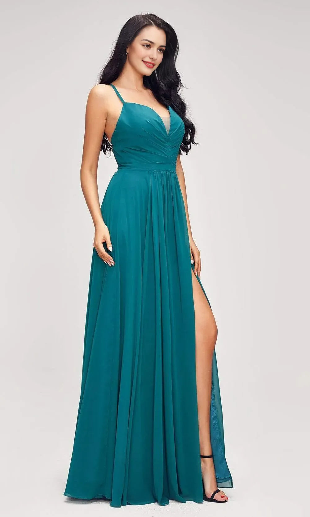 Blush Pink Chiffon Evening Dresses with Plunging V - Neck Spaghetti Straps Ruched Design and Dramatic Side Slit
