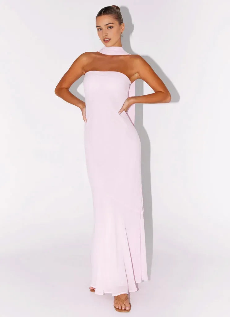 Blush Pink Chiffon Prom Dress with Strapless Neckline Halter Neck Tie Mermaid Hem and Floor  Length Silhouette for Formal Occasions