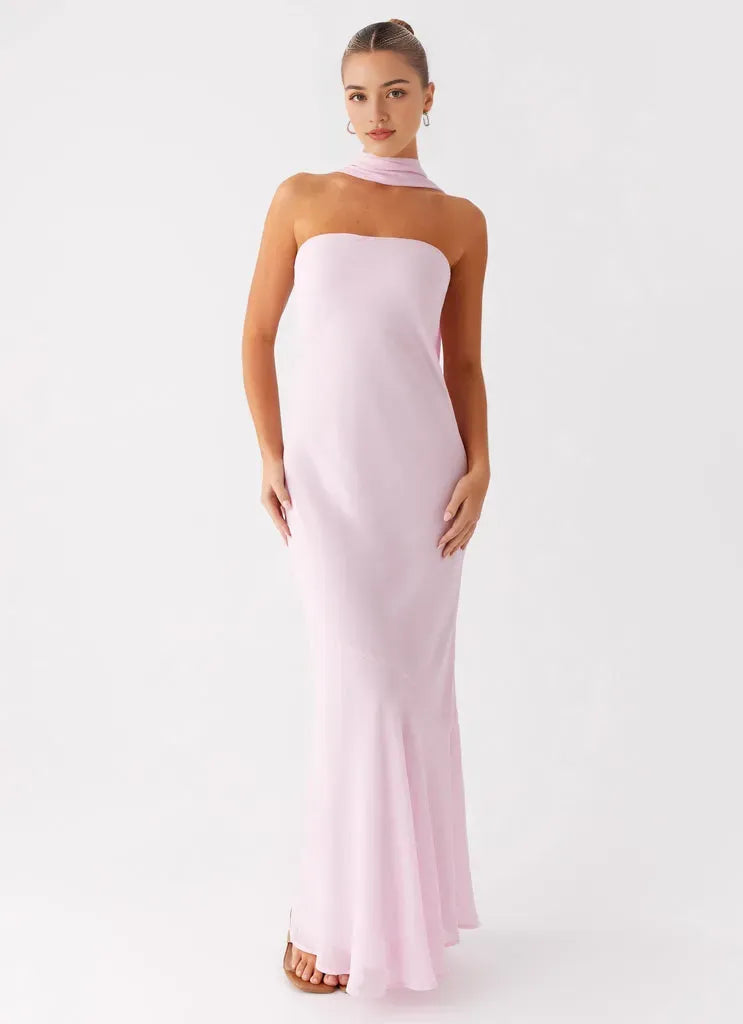 Blush Pink Chiffon Prom Dress with Strapless Neckline Halter Neck Tie Mermaid Hem and Floor  Length Silhouette for Formal Occasions