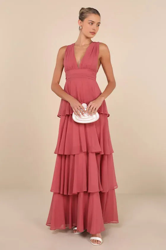 Blush Pink Chiffon Tiered Evening Dresses with Plunging V - Neck Sleeveless Design Perfect for Dreamy