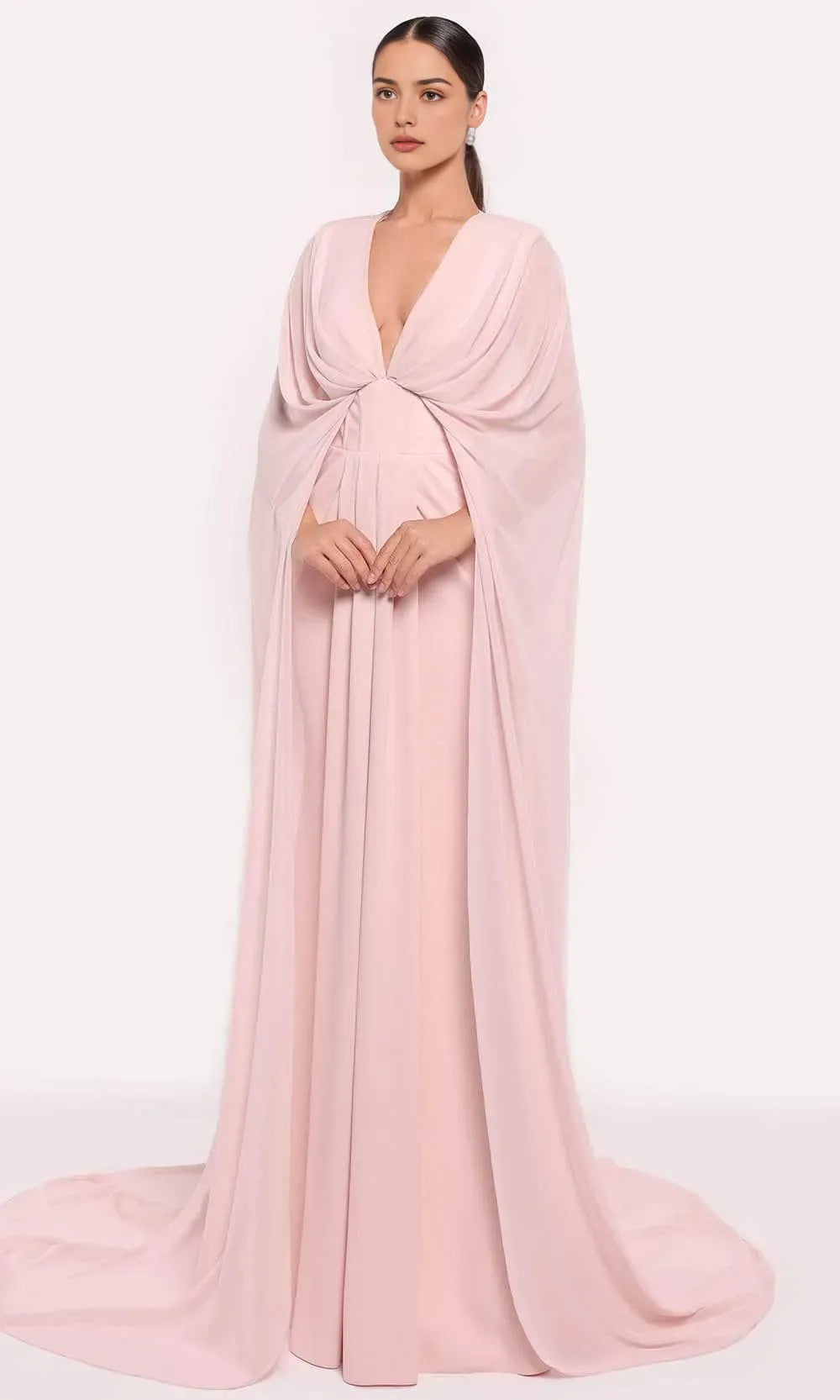 Blush Pink Evening Gown with Plunging V - Neck Draped Cape Sleeves and Twist  Front Detail for Red  Carpet Worthy Occasions